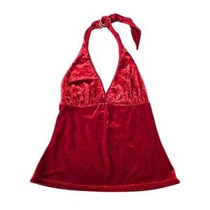 Cache Crushed Velvet Halter Top Women Small V-Neck Empire Waist Babydoll Y2K